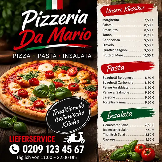 Gestaltungsbeispiel eines Pizza-Lieferservice-Flyers in dunklen Farben